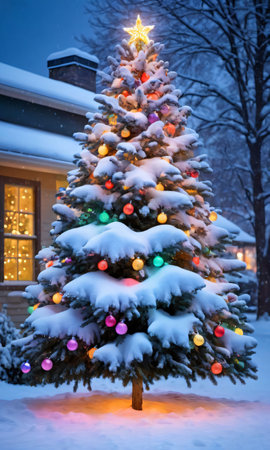 A Christmas Tree Outside, Covered In Snow, With Colorful Lights. Generative AIの素材