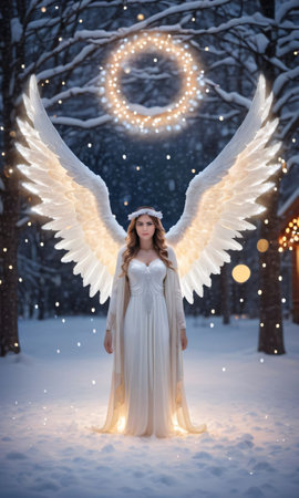 Angel Wings And A Halo In A Snowy Night With Christmas Light. Generative AIの素材