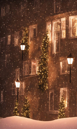 Christmas Presents Stacked In A Snowy Window, The Street Outside Illuminated By The Soft Glow Of Streetlights. Generative AIの素材