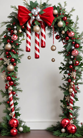 Photo Of Christmas Candy Cane Arch With Hanging Mistletoe And Ornament. Generative AIの素材