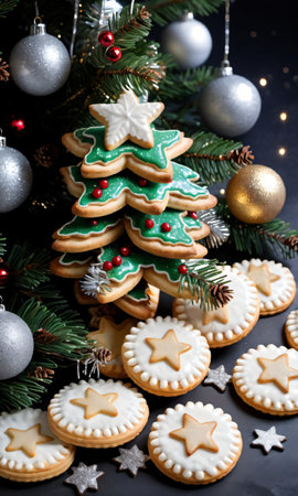 Photo Of Christmas Pine Tree Adorned With Mince Pies, Tinsel, And Star-Shaped Cookie. Generative AIの素材