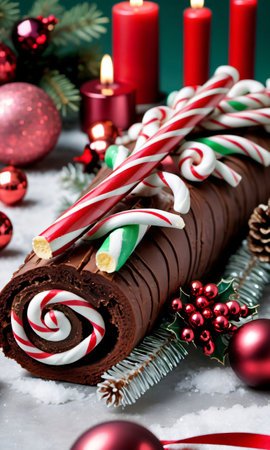 Photo Of Christmas Candy Canes Decorating A Yule Lo. Generative AIの素材