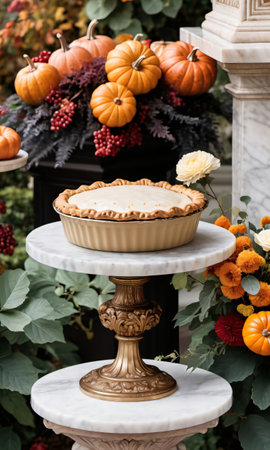 Thanksgiving Pie On A Marble Pedestal In An Ornate Garde. Generative AIの素材