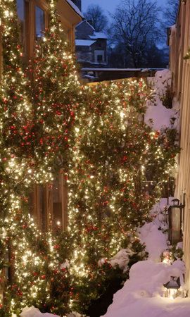 Christmas Decorations Adorning A Snowy Balcony, The Garden Below Illuminated By The Soft Glow Of Fairy Lights. Generative AIの素材