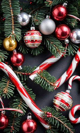 Photo Of Christmas Pine Tree Branches Decorated With Jingle Bells And Candy Cane. Generative AIの素材