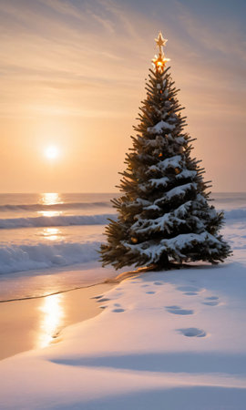 A Christmas Tree On A Snowy Beach, The Waves Gently Illuminated By The Setting Sun. Generative AIの素材