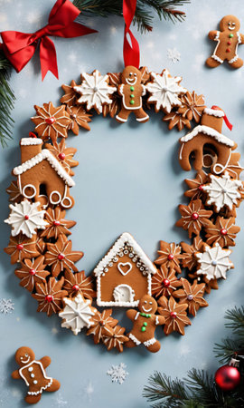 Photo Of Christmas Wreath Made Of Gingerbread Cookie. Generative AIの素材