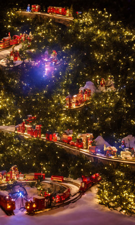A Festive Train Set Circling A Brightly Lit Christmas Tree At Night. Generative AIの素材