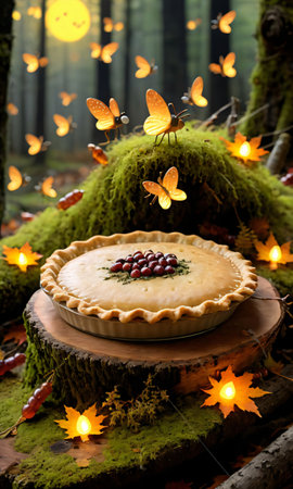 Thanksgiving Pie On A Mossy Log With Fireflies Aroun. Generative AIの素材