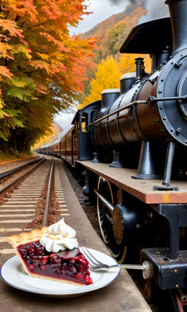Thanksgiving Pie On A Railway Platform With An Old Steam Trai. Generative AIの素材