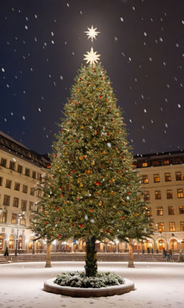 A Christmas Tree In The Center Of A Snowy Plaza, The Surrounding Buildings Warmly Lit. Generative AIの素材
