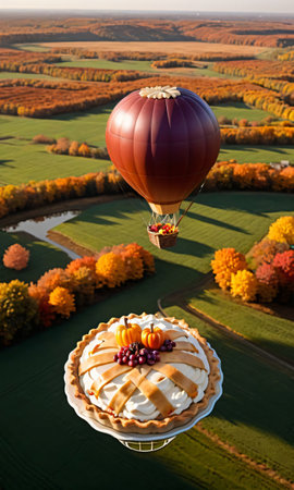 Thanksgiving Pie In A Hot Air Balloon Basket Floating Over Field. Generative AIの素材