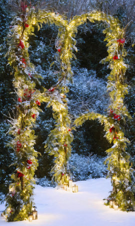 A Decorated Archway Leading Into A Snowy Garden With Fairy Lights. Generative AIの素材