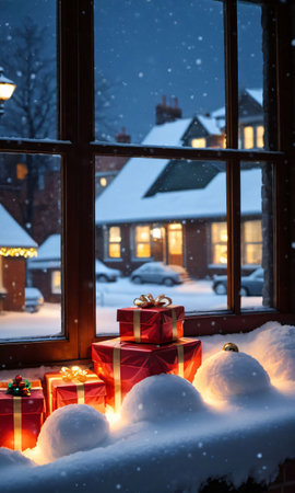 Christmas Presents Stacked In A Snowy Window, The Street Outside Illuminated By The Soft Glow Of Streetlights. Generative AIの素材