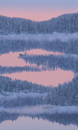A Decorated Boat Floating On A Calm, Snowy Lake At Dawn. Generative AIの素材