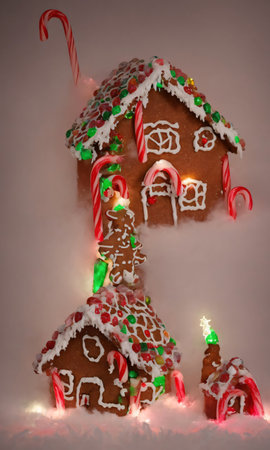 A Gingerbread House With Candy Canes And Twinkling Lights In The Fog. Generative AIの素材