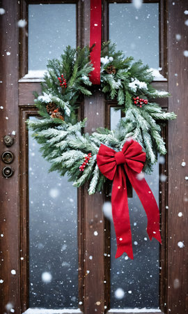 A Wreath Hanging On A Rustic Wooden Door With Falling Snow. Generative AIの素材