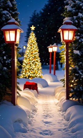 Glowing Lanterns And A Snowy Pathway Leading To A Christmas Tre. Generative AIの素材