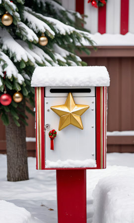 Photo Of Christmas Snow-Covered Mailbox With Candy Cane Stripes And A Golden Star On To. Generative AIの素材