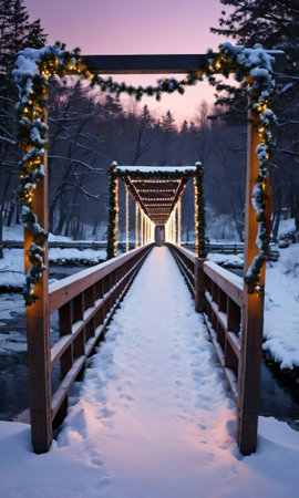 A Snowy Bridge With Garlands And Ribbons At Twilight. Generative AIの素材
