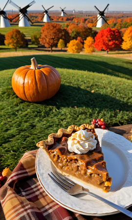 Thanksgiving Pie On A Grassy Knoll With Windmills In The Distanc. Generative AIの素材