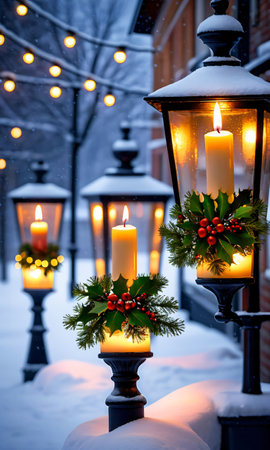 Christmas Candles And Mistletoe In A Snowy Setting Under Streetlight. Generative AIの素材