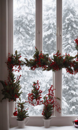 Christmas Decorations Adorning A Snowy Window Sill, The Room Inside Warmly Lit. Generative AIの素材