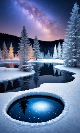 A Frozen Pond Surrounded By Decorated Trees Under Starry Skies. Generative AIの素材