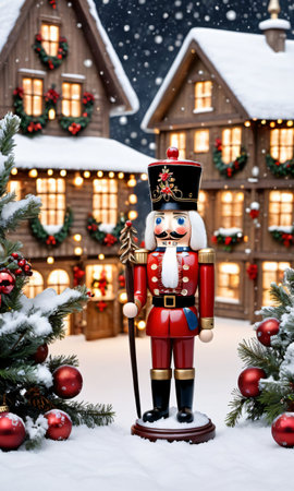 Photo Of Christmas Snowy Village With A Nutcracker Statue And Mistletoe Decoration. Generative AIの素材