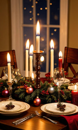 A Table Set For Christmas Dinner, Lit By Candlelight. Generative AIの素材