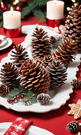 Photo Of Christmas Pinecone Decorations On A Festive Tablecloth With A Gingerbread Centerpiec. Generative AIの素材