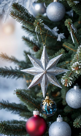 A Star Topper And Ornaments On A Christmas Tree In A Frosty Mornin. Generative AIの素材