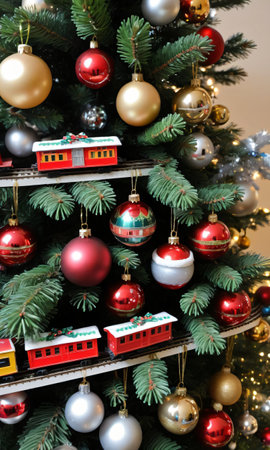Photo Of Christmas Pine Tree Adorned With Toy Trains, Baubles, And Jingle Bell. Generative AIの素材