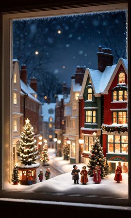 A Christmas Village Scene In A Snowy Window, The Street Outside Bustling With The Glow Of Streetlights. Generative AIの素材