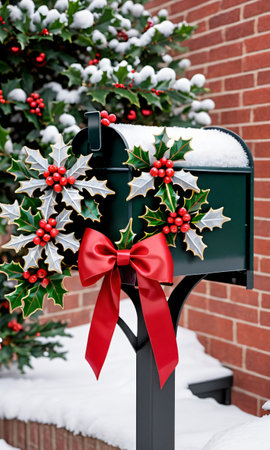 Photo Of Christmas Snowflakes Adorning A Mailbox Filled With Holly Leaves And Ribbon. Generative AIの素材