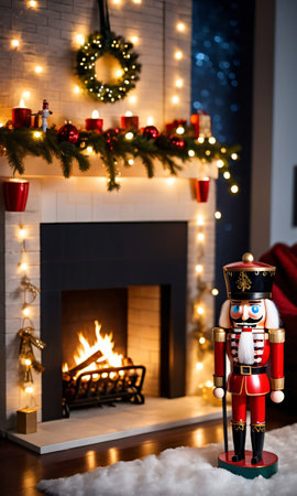 Nutcracker And Twinkling Lights In A Fireplace Scene At Midnigh. Generative AIの素材