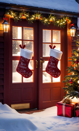 Christmas Stockings Filled With Gifts In A Snowy Setting At Twiligh. Generative AIの素材