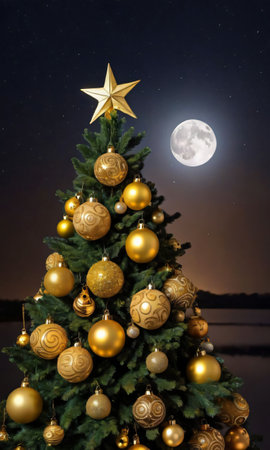 A Christmas Tree Adorned With Golden Ornaments Under Moonlight. Generative AIの素材