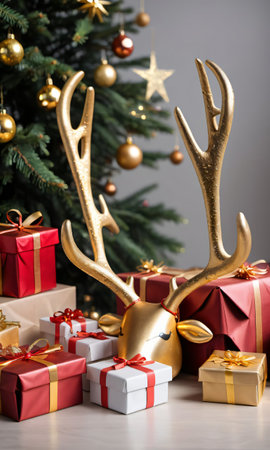 Photo Of Christmas Reindeer Antlers Beside A Pile Of Gifts Wrapped In Golden Star. Generative AIの素材