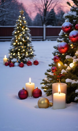 Christmas Ornaments And Candles In A Snow-Covered Garden At Dus. Generative AIの素材