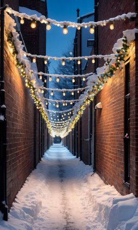 A Snowy Alleyway Decorated With Garlands And Illuminated By Streetlights. Generative AIの素材