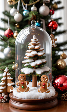 Photo Of Christmas Pine Tree Adorned With Glass Snow Globes And Gingerbread Cookie. Generative AIの素材