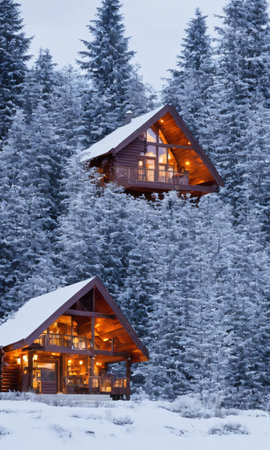 A Festive Cabin With Lights And Decorations Surrounded By A Snowy Landscape At Night. Generative AIの素材