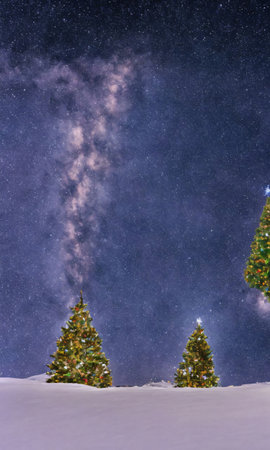 A Christmas Tree On A Snowy Mountain Peak Under A Starlit Sky. Generative AIの素材