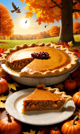 Thanksgiving Pie On A Sunlit Glade With Chirping Bird. Generative AIの素材