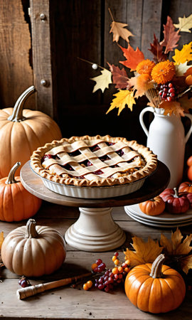 Thanksgiving Pie On A Wooden Stool With A Rustic Barn Settin. Generative AIの素材