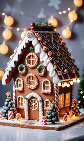 Photo Of Christmas Gingerbread House With A Wreath And Fairy Light. Generative AIの素材