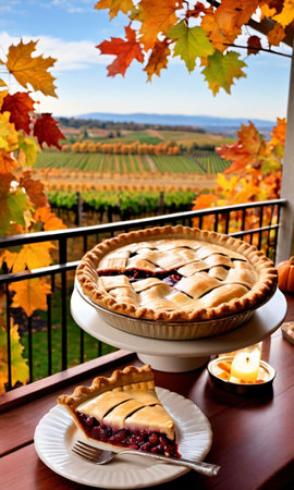 Thanksgiving Pie On A Balcony Overlooking A Vineyar. Generative AIの素材