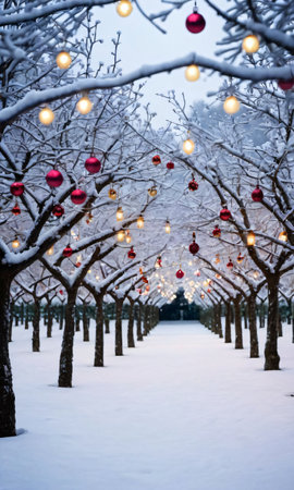 A Snowy Orchard With Trees Adorned With Ornaments And Lights. Generative AIの素材