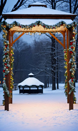 A Gazebo Decorated With Garlands In A Snowy Scene At Twiligh. Generative AIの素材